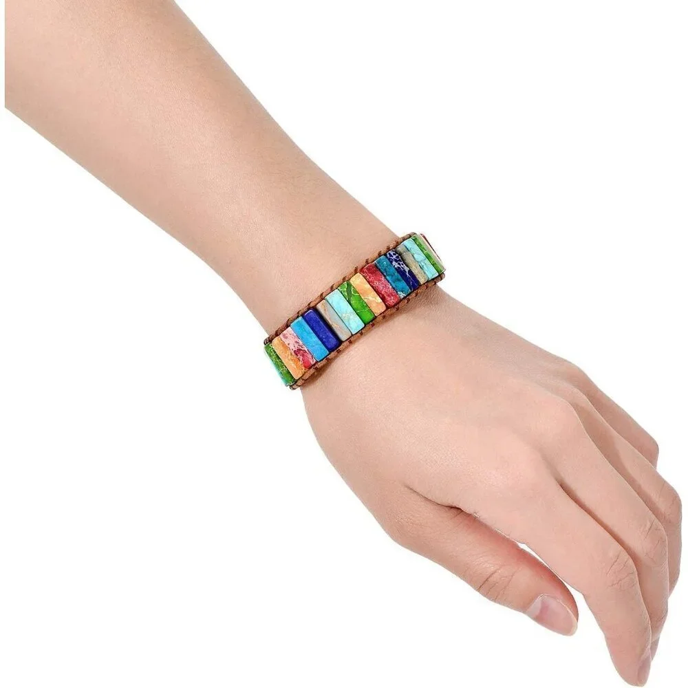 7 Chakra Leather Wrap Bracelet for Women & Men - Healing Stones Bead Jewelry